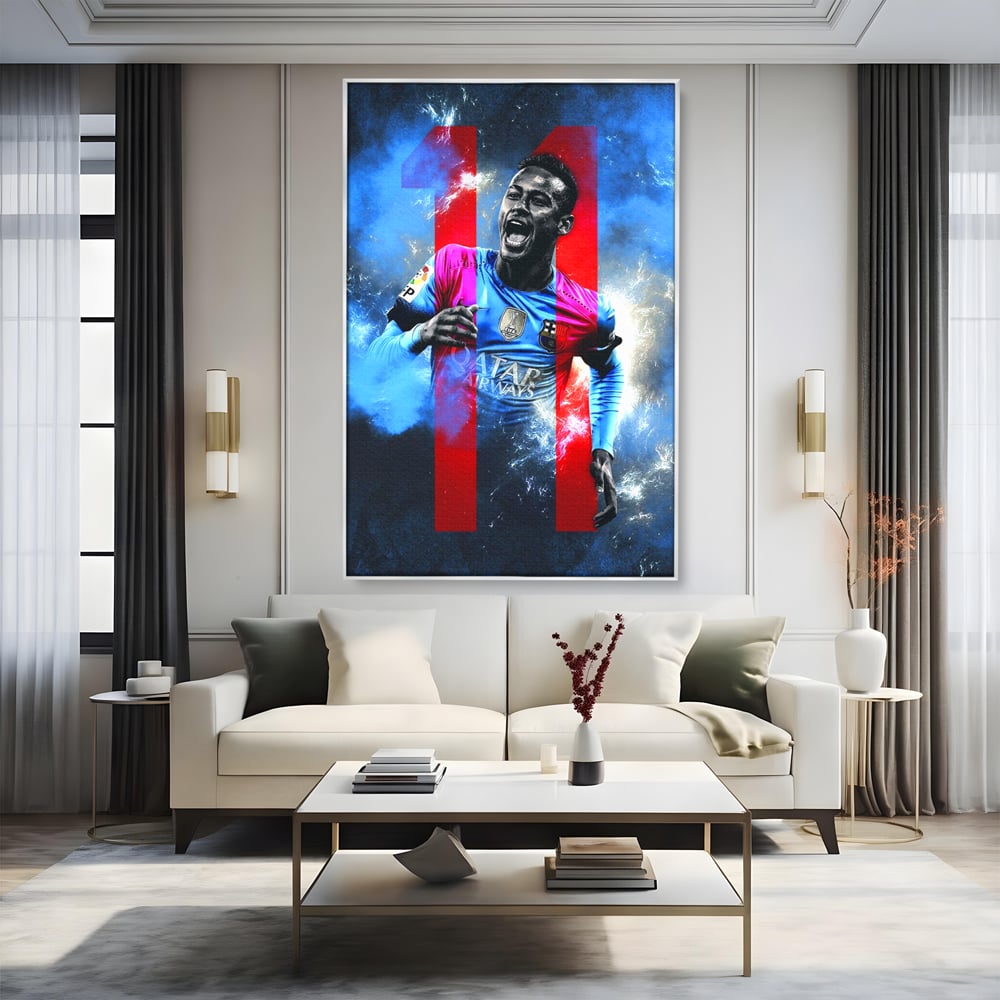Tablou canvas cu tablou canvas cu fotbalistul neymar, in rama de aluminiu argintiu, pe perete intr-un living